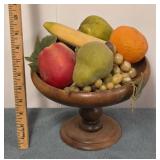 Pedestal Wood Bowl w/ Plastic Fruit
