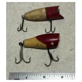 2 Red & White Wooden Fishing Lures