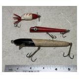 3 Wooden Fishing Lures- 1 has spinner