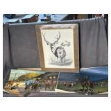 SIGNED ELK ART, 2 VINTAGE WESTERN PRINTS