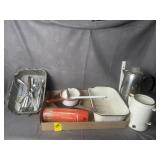 VINTAGE COOKWARE, ENAMAL, THERMOS, UTENSILS
