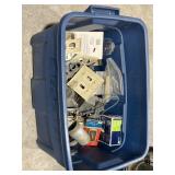 BLUE TUB FULL OF ELECTRICAL ITEMS