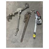 RIGID 24" PIPE WRENCH, 2 COME-A-LONGS