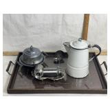 SERVING TRAY, ENAMALWARE COFFEE POT, S & P SHAKERS