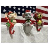 3 VINTAGE STOCKING HOLDERS, 2 MICE, 1 BEAR