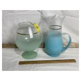 MID-CENTURY SNIFTER PITCHER & BLUE PITCHER W/ GOLD