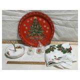 CHRISTAMS TRAY, TABLE CLOTH, DISH, ORNAMENTS