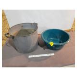 ENAMALWARE POT & BOWL, GREY HAS HOLES ON BOTTOM