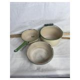 GREEN TRIM ENAMALWARE POT & BOWLS, 1 W/ WOOD HANDL