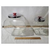 2 VINTAGE CLEAR GLASS CANISTERS W/ LIDS