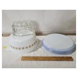 VINTAGE PYREX DISHES, CASSAROLE DISH, BLUE TRIM