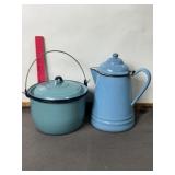 BLUE ENAMEL WARE POT W/ LID & COFFEE POT