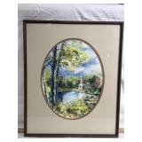 FRAMED FOX WATECOLOR, CHURCH/LAKE SCENE, 1976