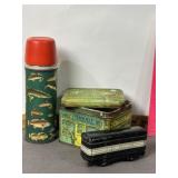 FISH THERMOS, METAL TRAIN, COFFEE TIN