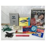 SEWING BOOK, OLD YAHTZEE PADS, CORDS, MORE, MORE
