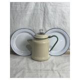 ENAMALWARE COFFEE POT & PLATES