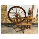 VINTAGE WOODEN SPINNING WHEEL, WRITING ON BOTTOM