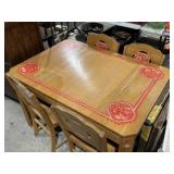 VINTAGE WOOD DINING TABEL W/ 4 CHAIRS & RED ACCENT