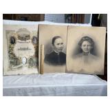2 LARGE WOMEN PORTRAITS, MARRIAGE CERTIFICATE 1903