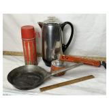 VINTAGE BUG SPRAYER, THERMOS, PAN, PERCULATOR