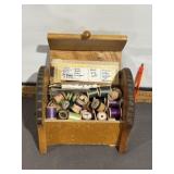VINTAGE WOODEN BOX WITH SEWING SPOOLS &OTHE ITEMS