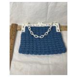 VINTAGE BLUE CROCHET HANDBAG W/ PLASTIC HANDLE