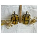 PAIR OF VINTAGE AMBER GLASS PENDENT LIGHTS