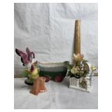 PORCILAN FIGURES, WAGON, BIRD, GIRL, FLAMINGO