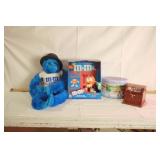 VINTAGE TIN BINGO GAME, M & M DISPENSER, PLUSH TOY