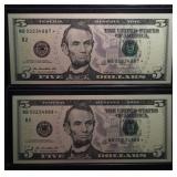 2 CONSECUTIVE $5 2013 *STAR* NOTES (GEM)