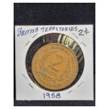 1958 BRITISH CARIBBEAN TERRITORIES 2 CENT COIN