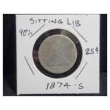 1874-S SEATED LIBERTY QUARTER 90% SILVER