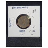 1880 NETHERLANDS 1c. BRONZE COIN