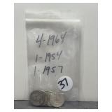 6 SILVER QUARTERS, 4-1964, 1-1954, 1-1957
