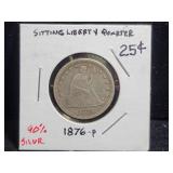 1876-P SEATED LIBERTY QUARTER 90% SILVER