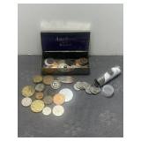 METAL TIN OF TOKENS & FOREIGN CURRENCY