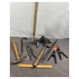 VARIOUS HAND TOOLS, PRY BARS, HAMMER