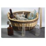 WICKER BASKET FULL ANTIQUE BOTTLES