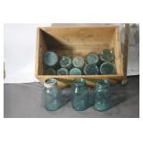 OLD CRATE W/ VARIETY MASON JARS