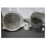 ANTIQUE WASH TUB, ENAMEL COFFE POT, LRG. ALUM. PAN