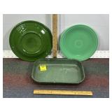 GREEN ENAMALWARE PAN, FIESTA PLATES