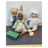 3 PORCELAIN DOLLS, DOG FIGURE, WOOD BENCH