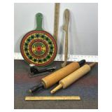 ROLLING PINS, BREAD KNIFE, WOOD TRIVET