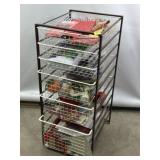 METAL BASKET RACK W/ CHRISTMAS DECORATIONS