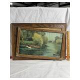 VINTAGE FRAMED ORIENTAL POND SCENE, 22" X 15"