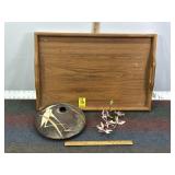 WOOD TRAY, CRANE SIGNED POTTERY PIECE