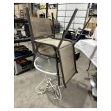 GLASS TOP PATIO TABLE W/ 2 CHAIRS, NONE MATCHING