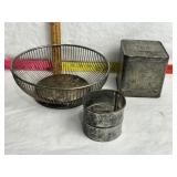 METAL WIRE BOWL, LIPTON TEA TIN, SIFTER MEASURE CU