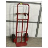 RED 2 WHEEL DOLLY, NEEDS TIRE REPAIR