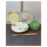 VINTAGE PLATES, DISHES, GREEN BLOWN GLASS VASE